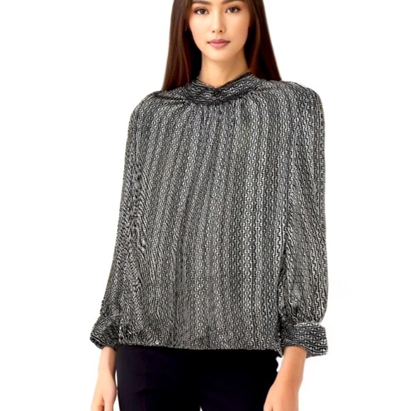 H&M Patterned Sheer Standup Long Sleeve Crepe Dressy Metallic Blouse - Picture 2 of 14